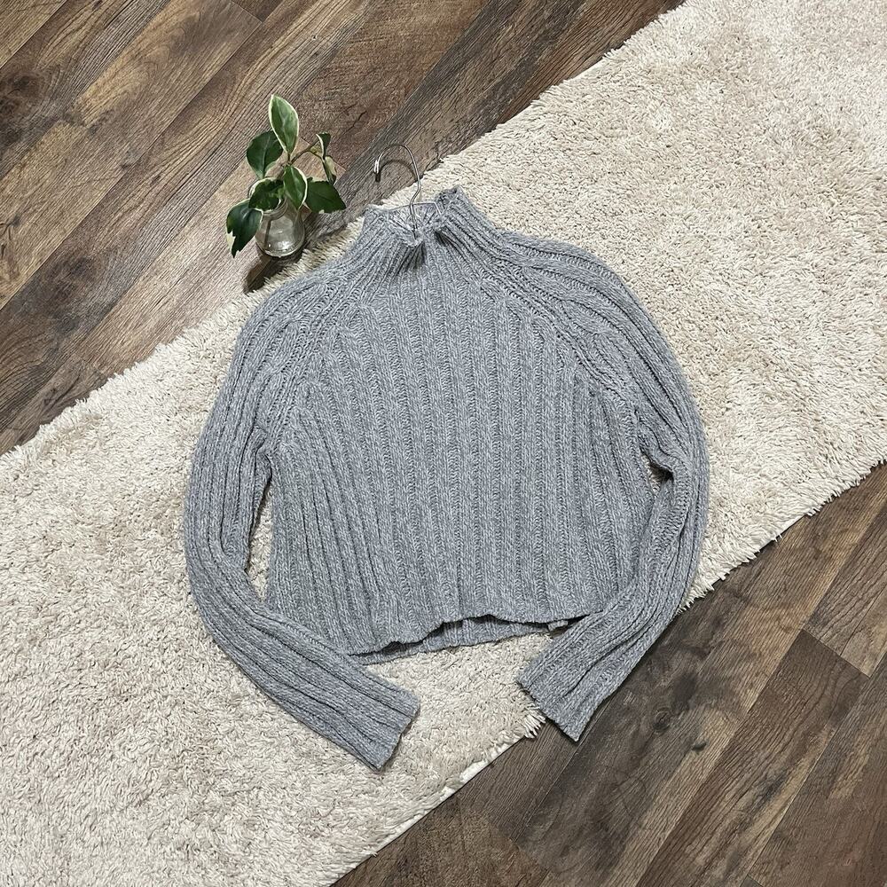 American Eagle XS Gray Chenille Ribbed Mock Neck Cropped Boxy Pull-Over Sweater